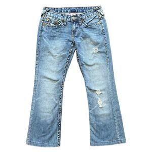 TRUE RELIGION Low Rise Flared Leg Bobby Big T Distressed Jeans  Y2K  SZ 27P